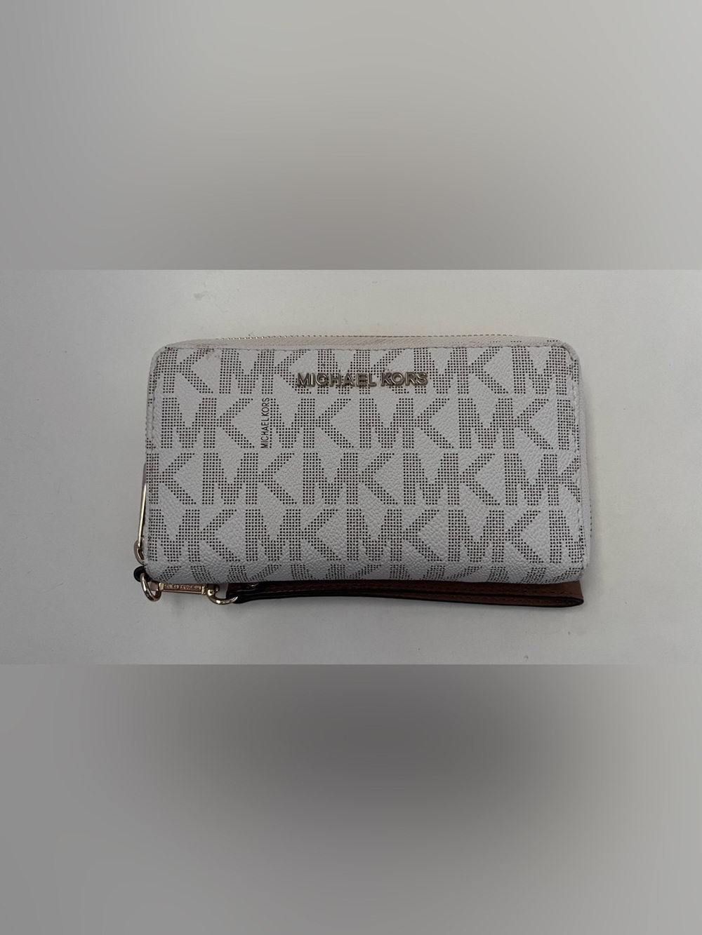 Michael Kors White and Gray Signature MK Zip Wallet with Gold Hardware